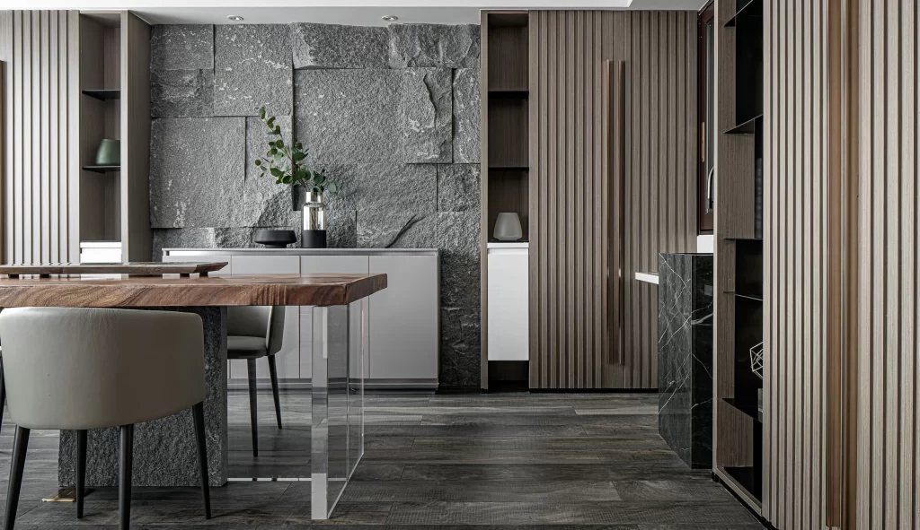 Modern Industrial Dining Room Neutral Gray Stone Wood