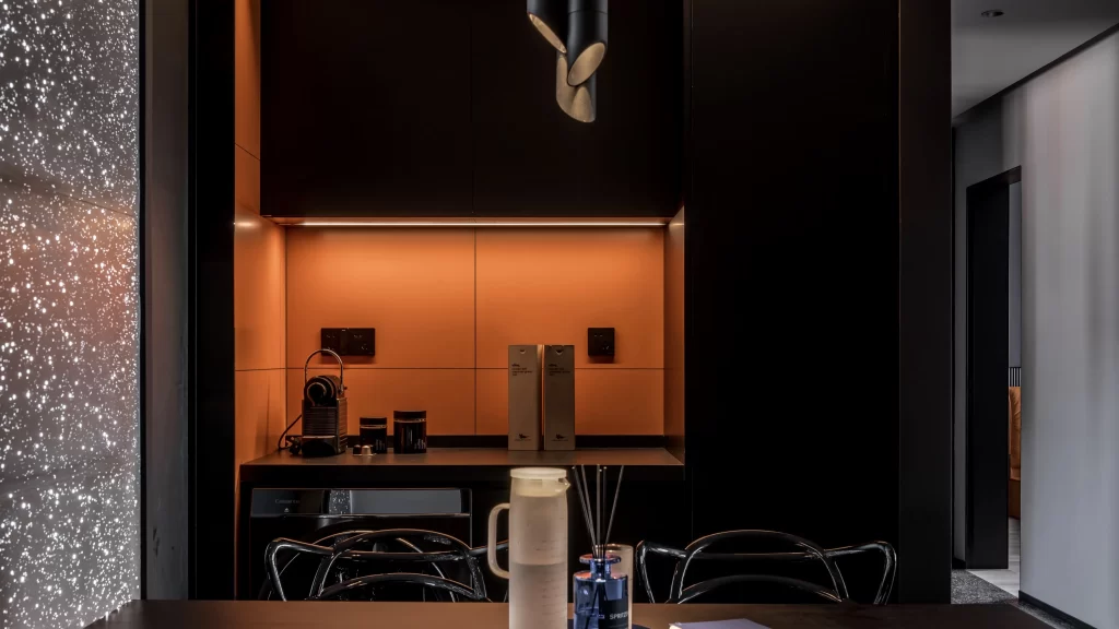 Modern Industrial Kitchen Black Orange Metallic Accents