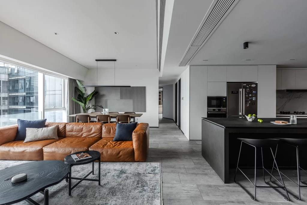 Modern Industrial Kitchen Living Room Neutral Gray Black Brown