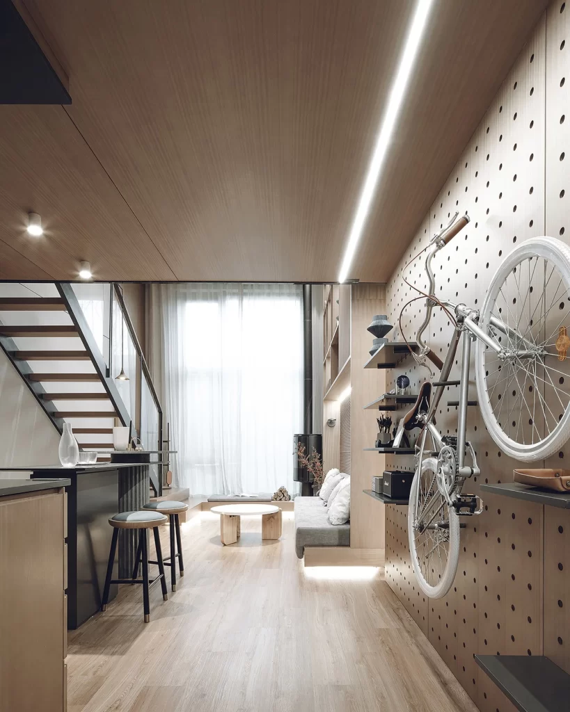 Modern Industrial Loft Neutral Light Wood Bicycle Open Shelving