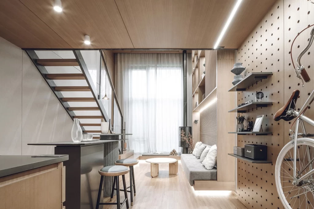 Modern Industrial Loft Neutral Tones Wood Accents Open Space
