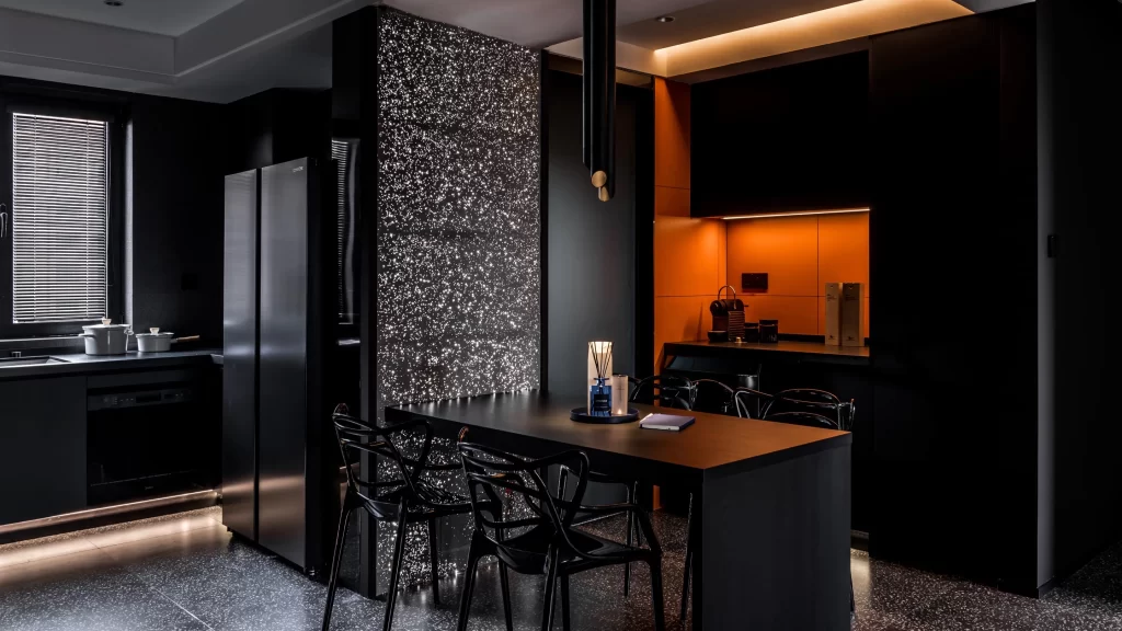 Modern Kitchen Black Orange Minimalist Sleek Lighting