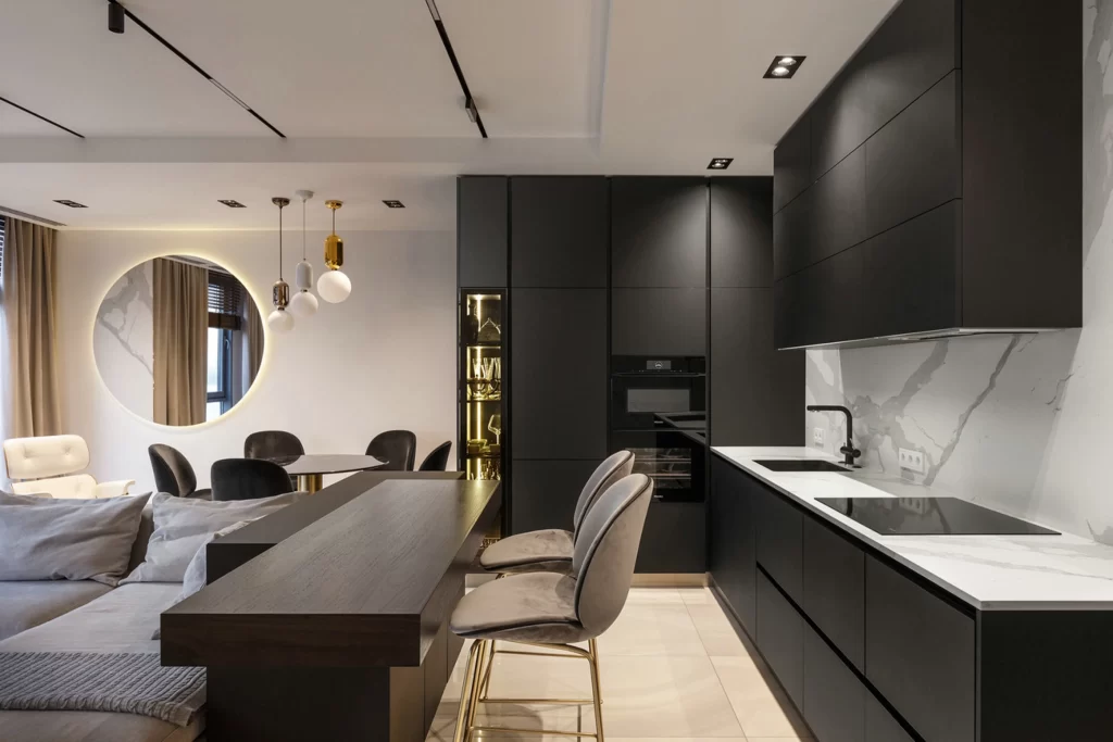 Modern Kitchen Black White Marble Gold Accents
