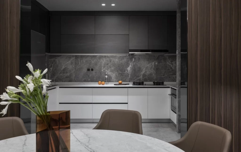 Modern Kitchen Dark Gray White Marble Minimalist