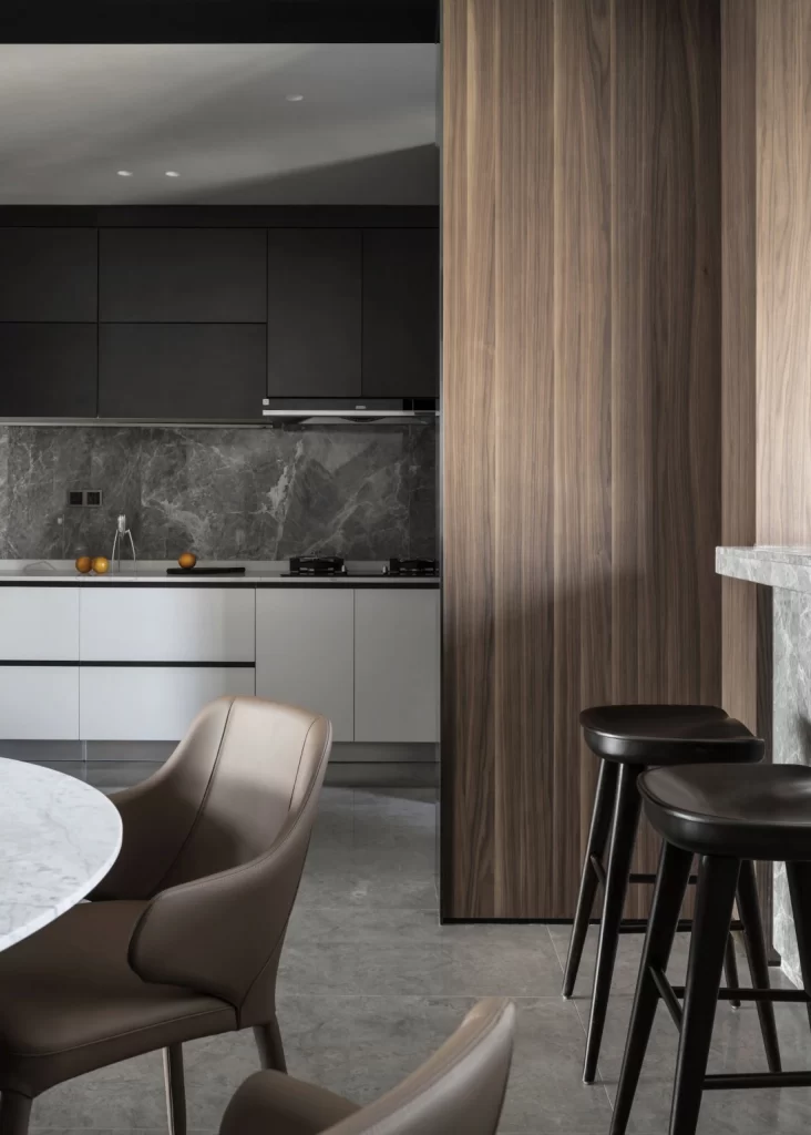 Modern Kitchen Dark Wood Black White Marble