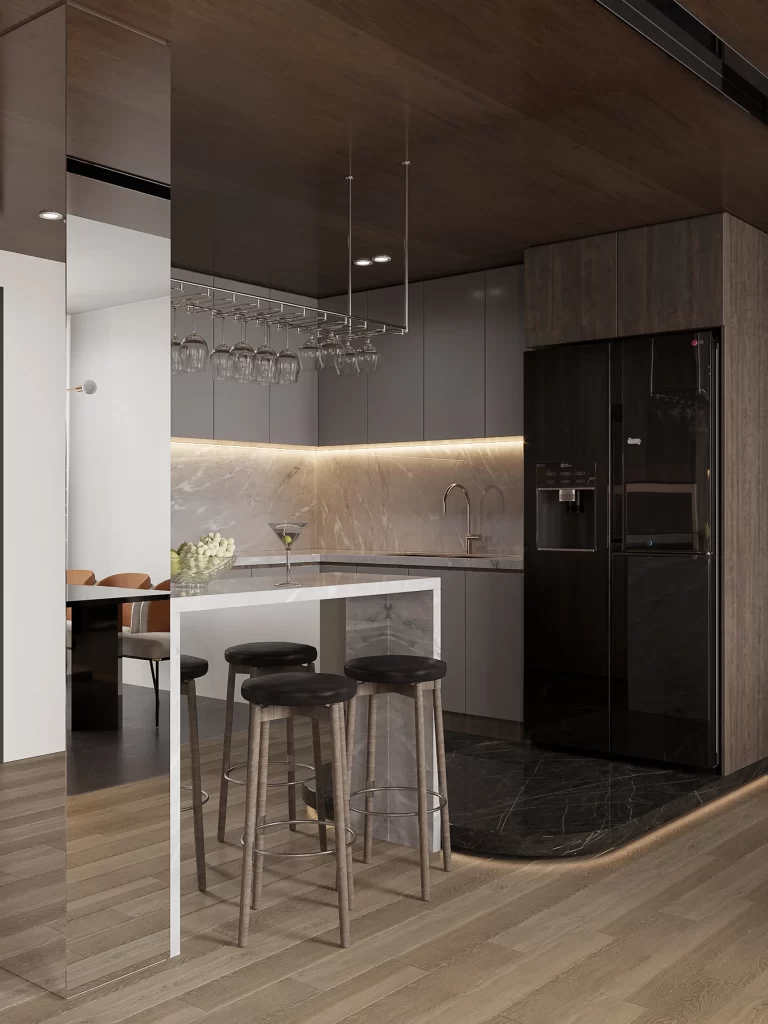 Modern Kitchen Dark Wood Grey Marble Black Stainless Steel