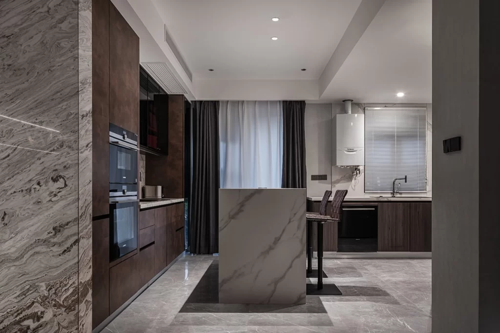 Modern Kitchen Dark Wood Marble Neutral Stainless Steel
