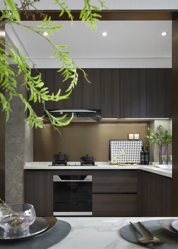 Modern Kitchen Dark Wood Neutral Stainless Steel Greenery