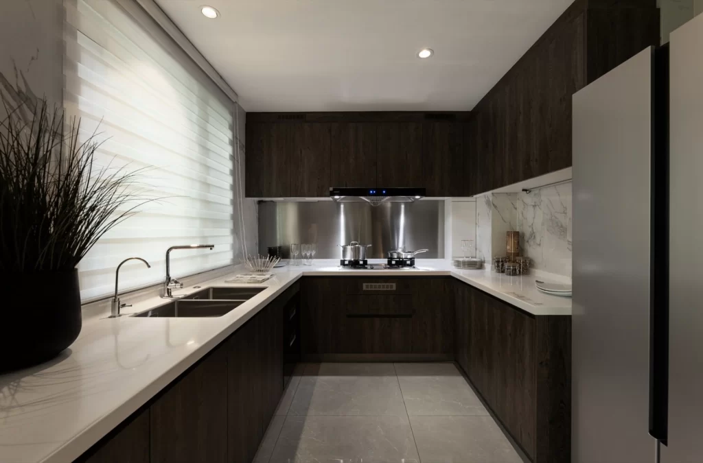 Modern Kitchen Dark Wood White Marble Minimalist Stainless Steel