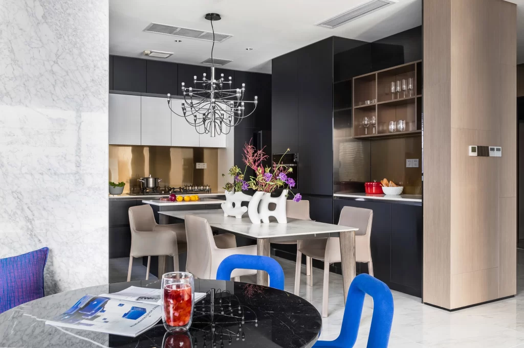 Modern Kitchen Dining Area Black White Gold Neutral