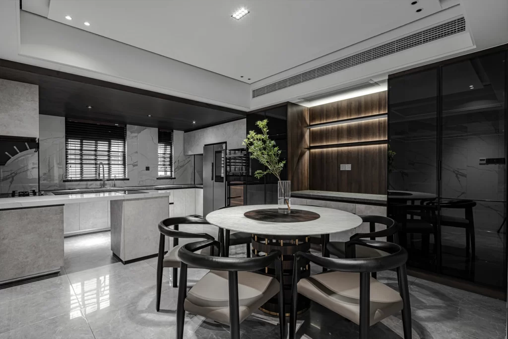 Modern Kitchen Dining Area Black White Neutral Marble
