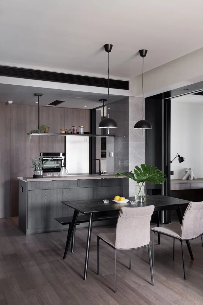Modern Kitchen Dining Area Dark Wood Neutral Tones Industrial