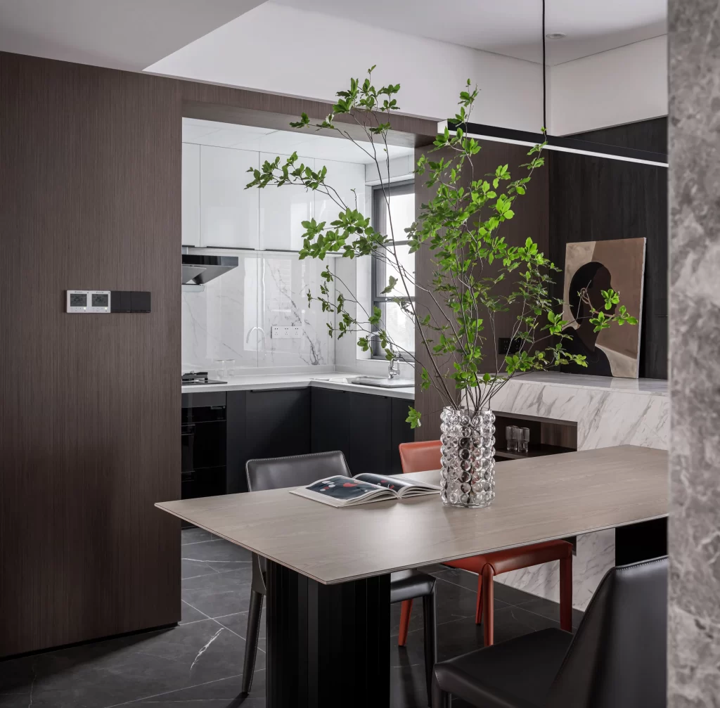 Modern Kitchen Dining Area Neutral Dark Wood Black Accents