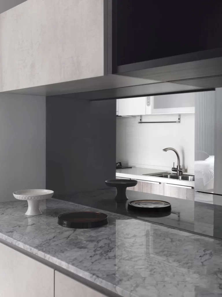 Modern Kitchen Monochrome Minimalist Marble Reflective Surfaces