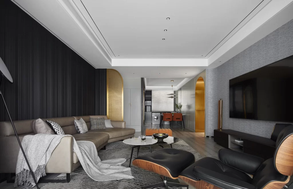 Modern Living Room Black Gray Neutral Leather Wood