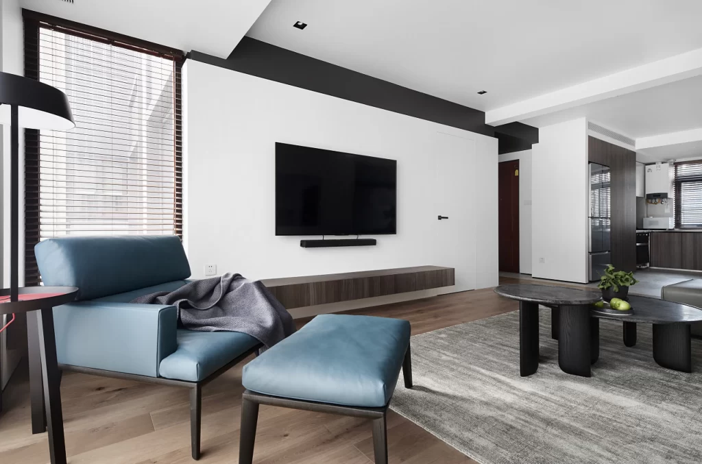 Modern Living Room Blue Black White Neutral Wood