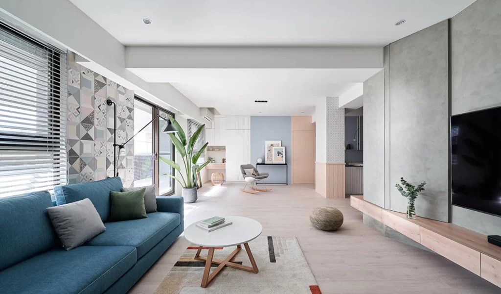 Modern Living Room Blue Neutral Light Wood Patterned Wall