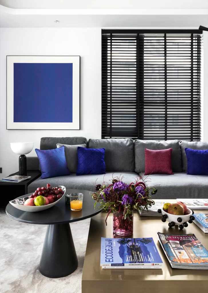 Modern Living Room Gray Blue Purple Accents Minimalist
