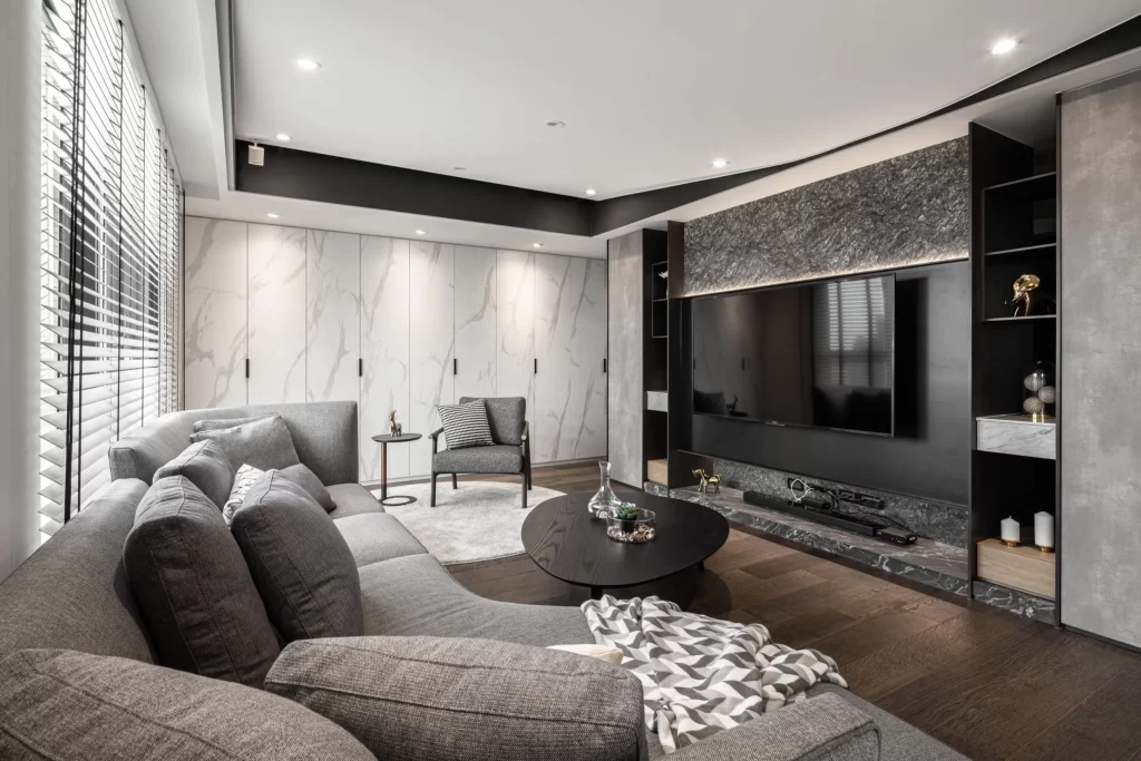 Modern Living Room Grey Neutral Dark Wood Marble