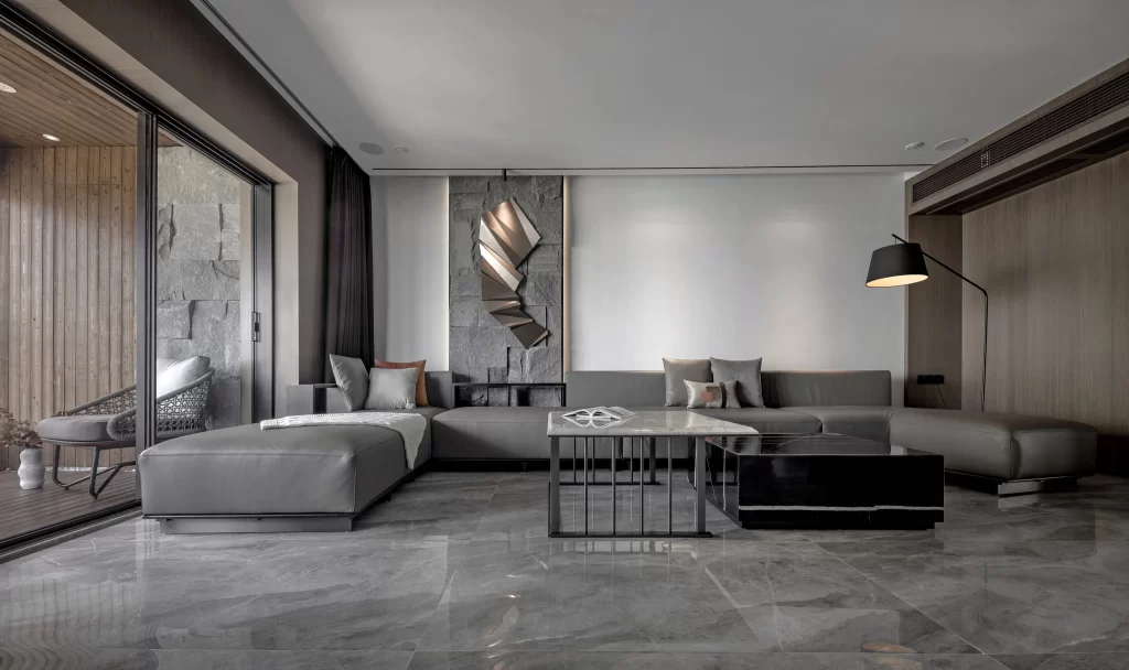Modern Living Room Grey Neutral Stone Accents