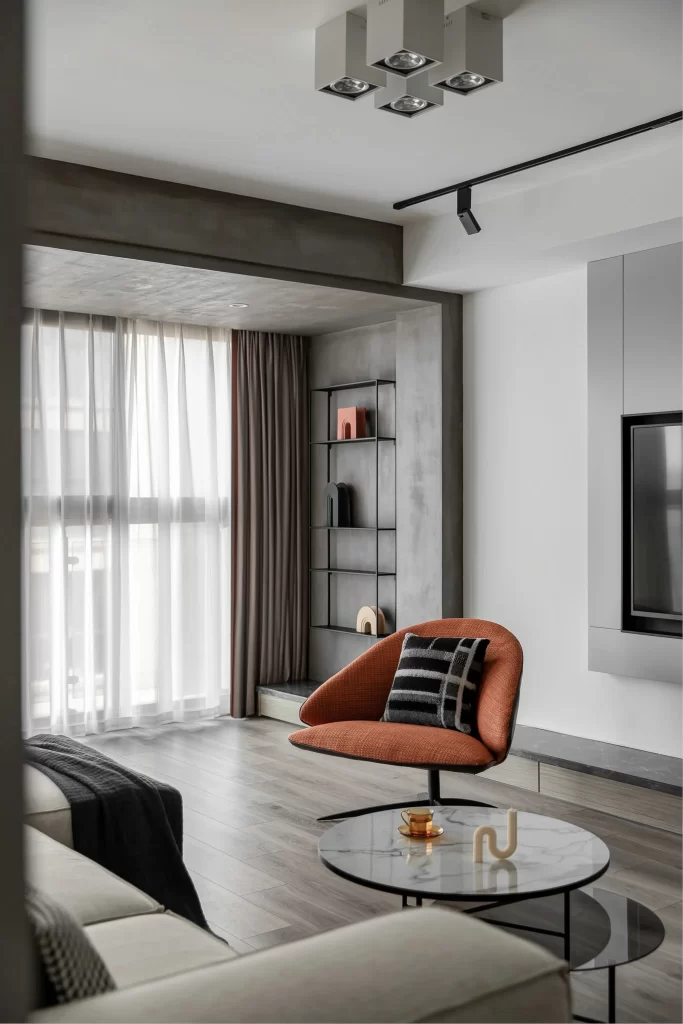 Modern Living Room Neutral Gray Black Orange Minimalist