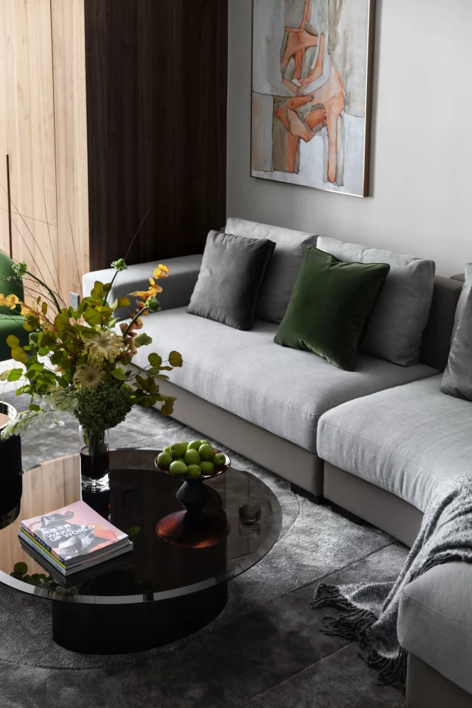 Modern Living Room Neutral Gray Green Accents Artistic