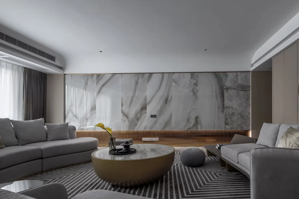 Modern Living Room Neutral Grey Marble Accents Geometric Patterns