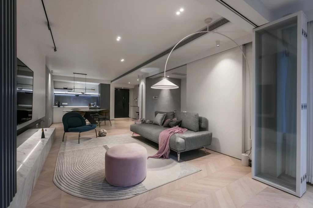 Modern Living Room Neutral Grey White Pink Light Wood