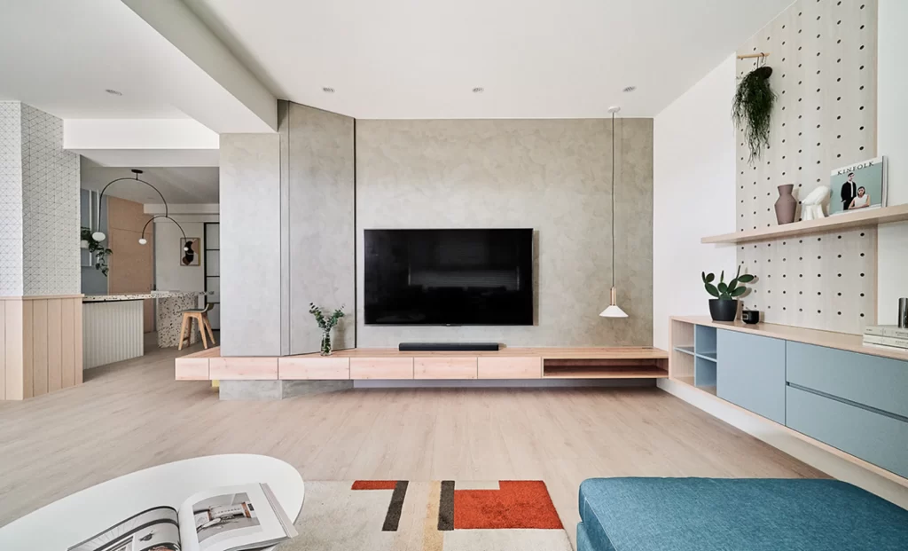 Modern Living Room Neutral Light Wood Blue Accents