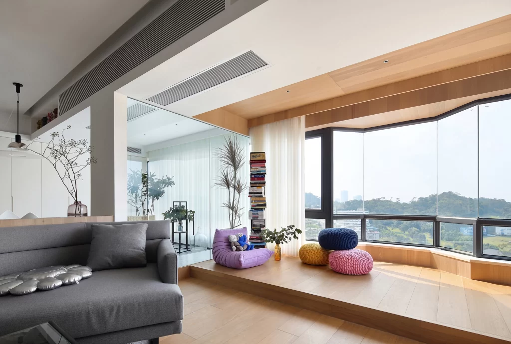 Modern Living Room Neutral Light Wood Floor Large Windows