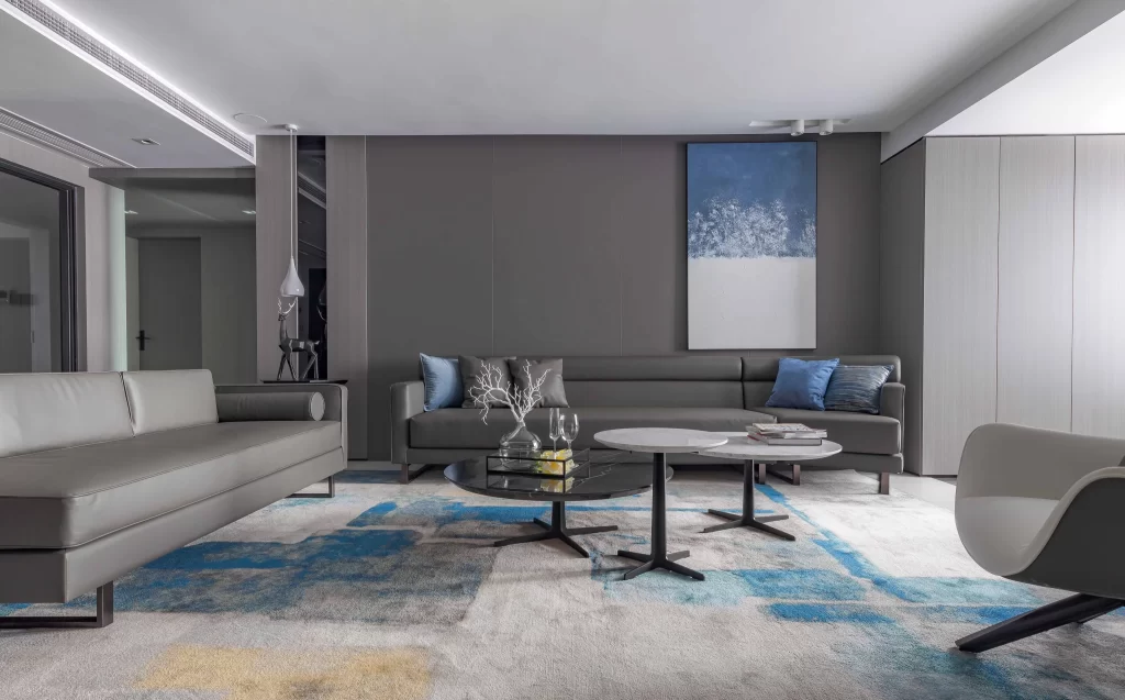 Modern Living Room Neutral Tones Blue Accents Minimalist
