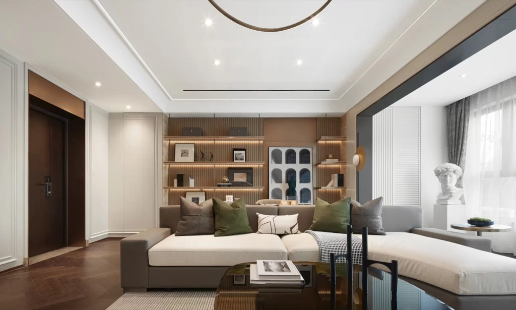 Modern Living Room Neutral Tones Dark Wood Accents