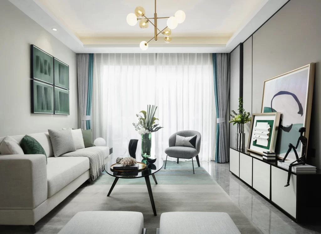 Modern Living Room Neutral Tones Glass Coffee Table Artistic Decor