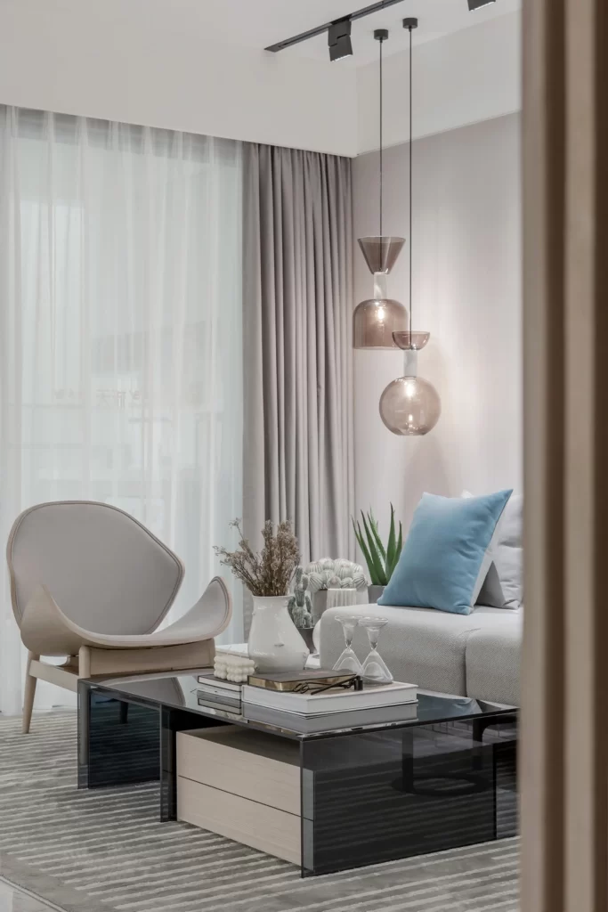 Modern Living Room Neutral Tones Glass Pendant Lights Minimalist