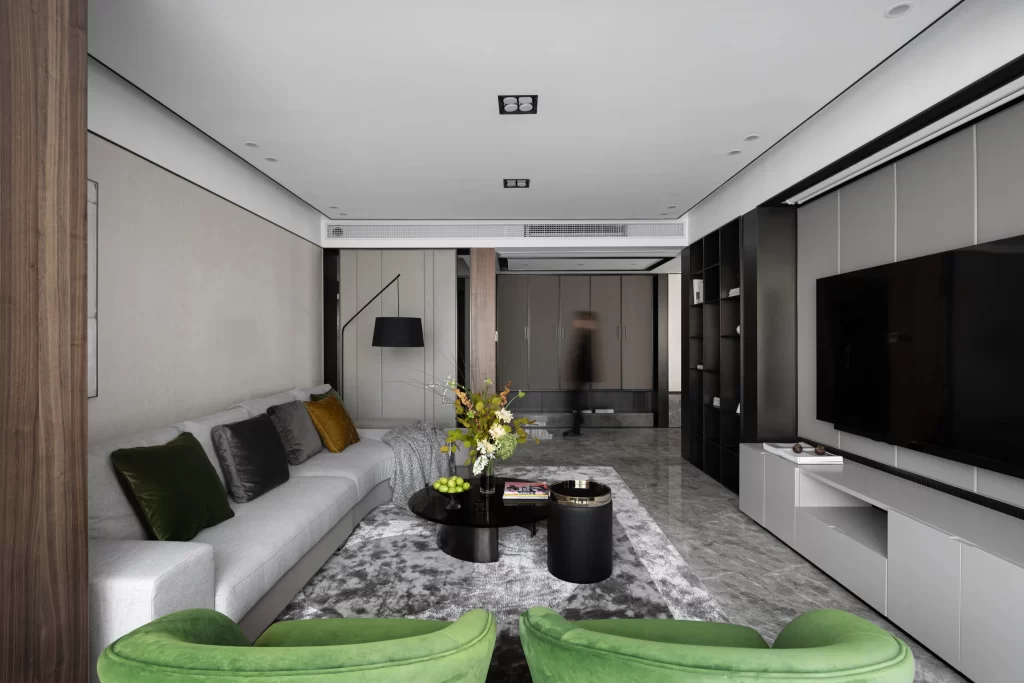 Modern Living Room Neutral Tones Green Accents Minimalist