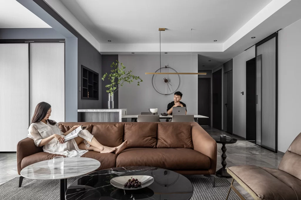 Modern Living Room Neutral Tones Leather Sofa Marble Coffee Table Minimalist