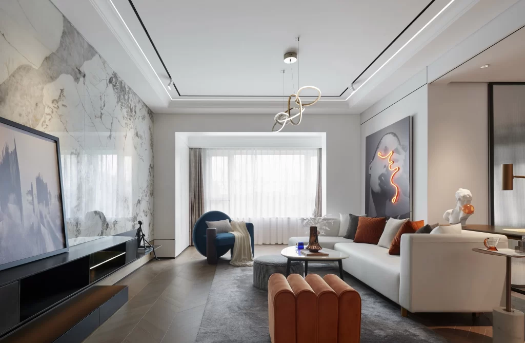 Modern Living Room Neutral Tones Marble Accents Minimalist