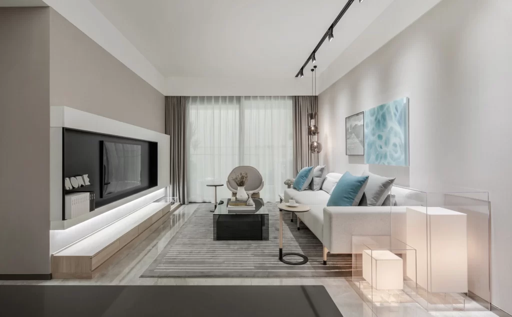 Modern Living Room Neutral Tones Soft Lighting Minimalist