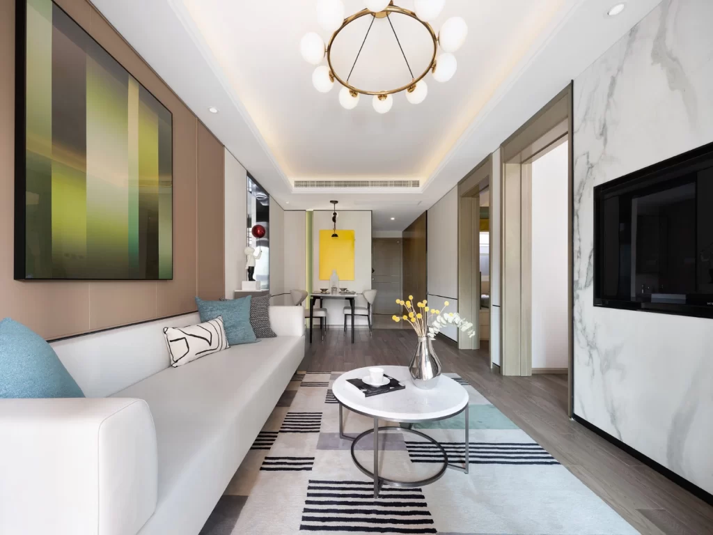 Modern Living Room White Neutral Marble Accents