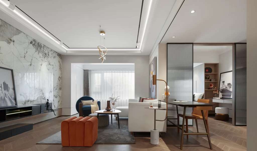 Modern Living Space Neutral Tones Marble Accents Glass Sliding Door