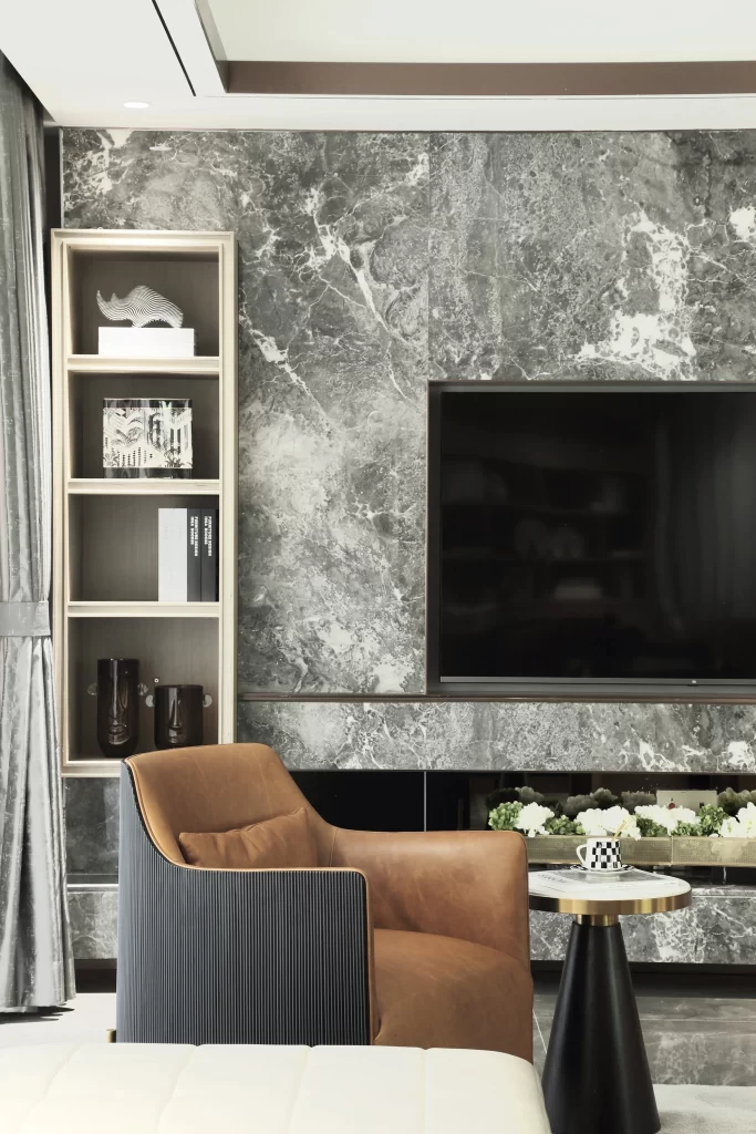 Modern Luxurious Living Room Neutral Tones Marble Accents