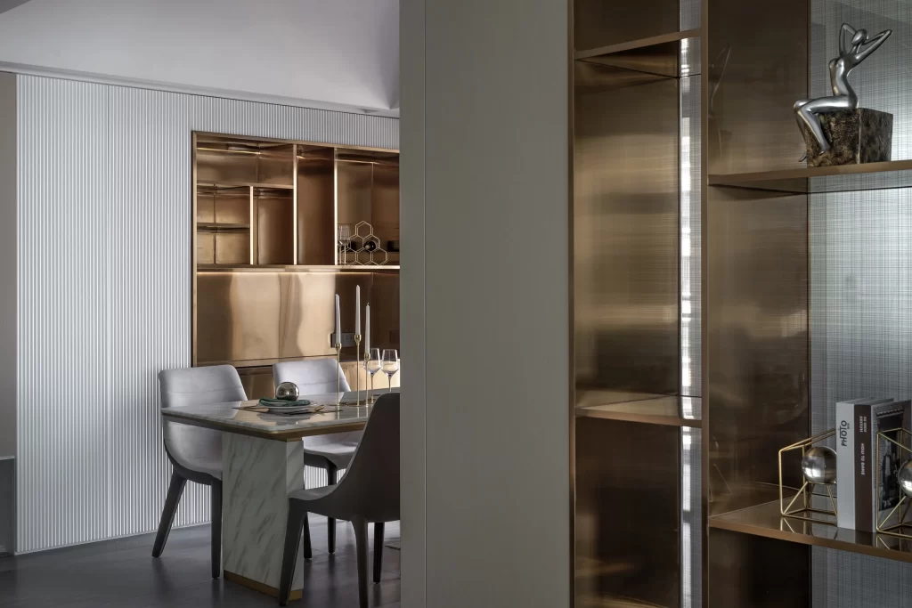 Modern Luxury Dining Room Bronze Neutral Metallics Glass