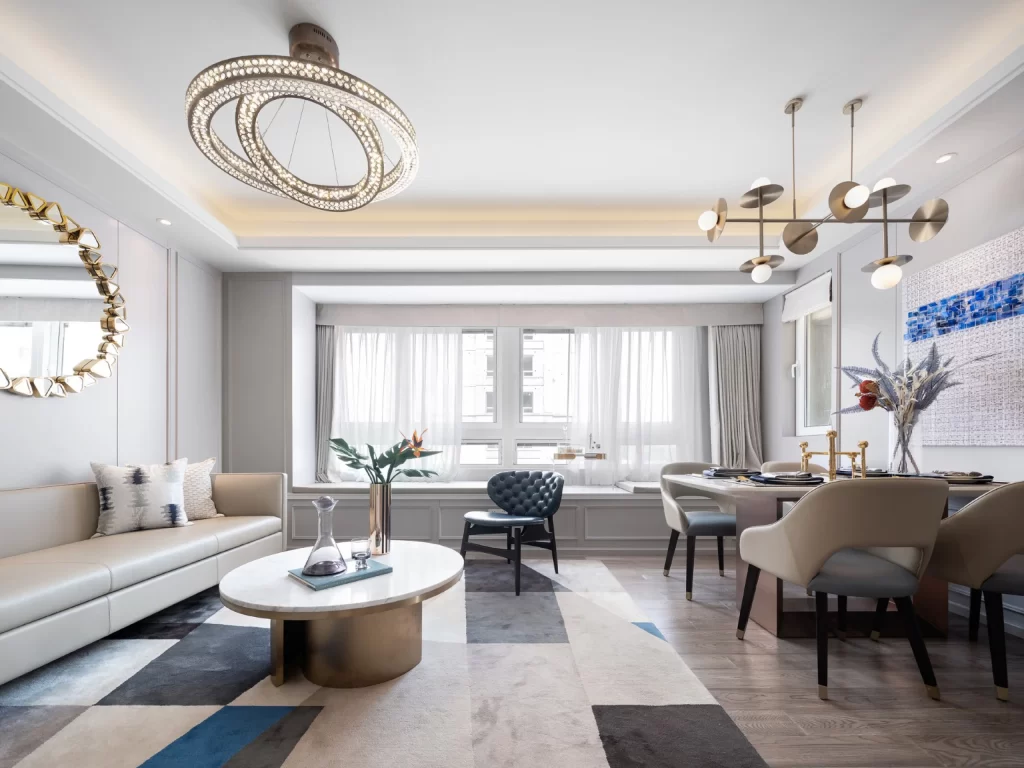 Modern Luxury Living Dining Area Neutral Tones Gold Accents Geometric Patterns