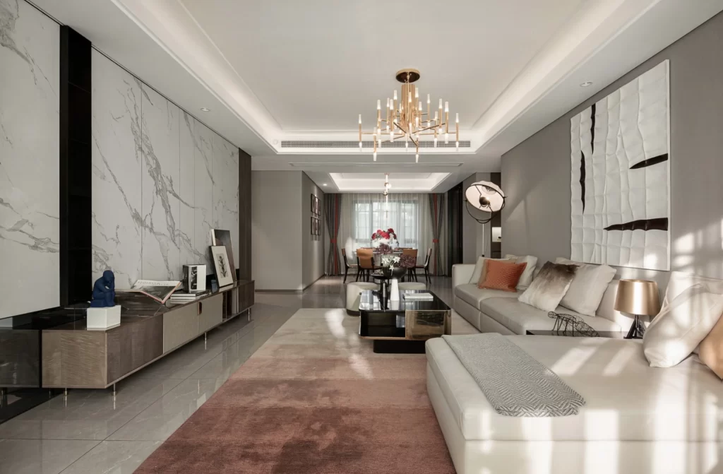 Modern Luxury Living Room Neutral Tones Marble Accents
