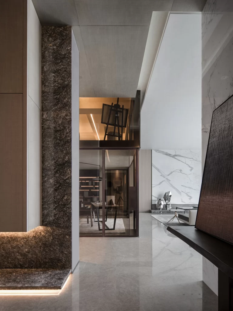 Modern Luxury Living Space Neutral Tones Marble Accents Glass Walls