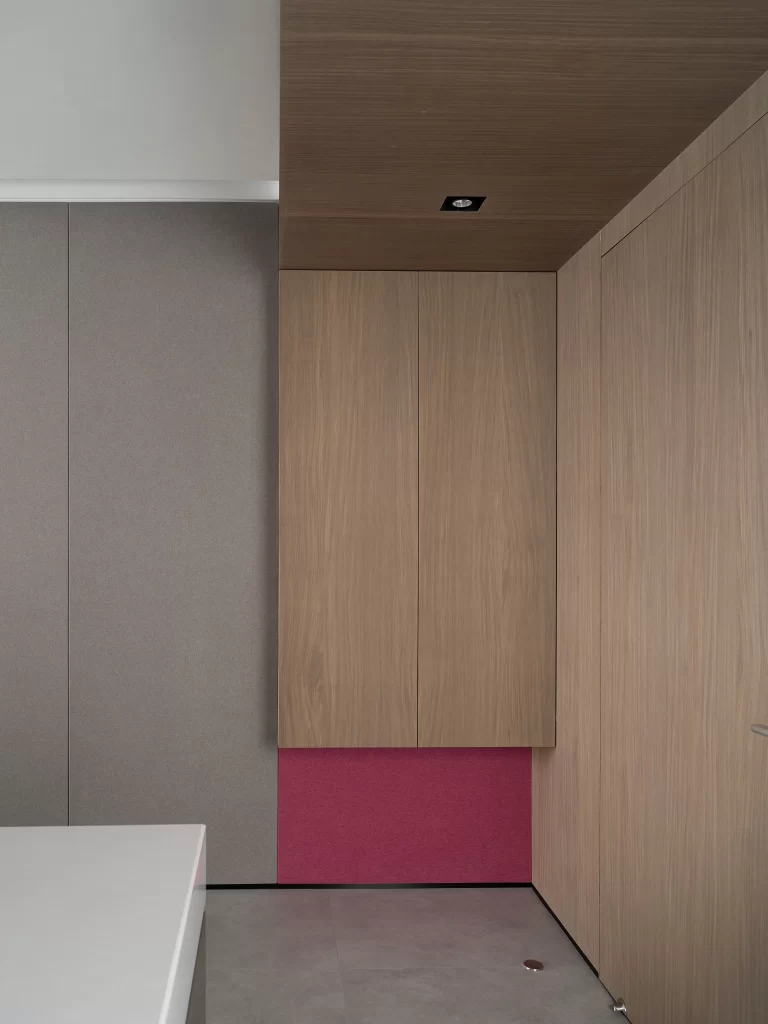 Modern Minimalist Bathroom Neutral Light Wood Pink Accents