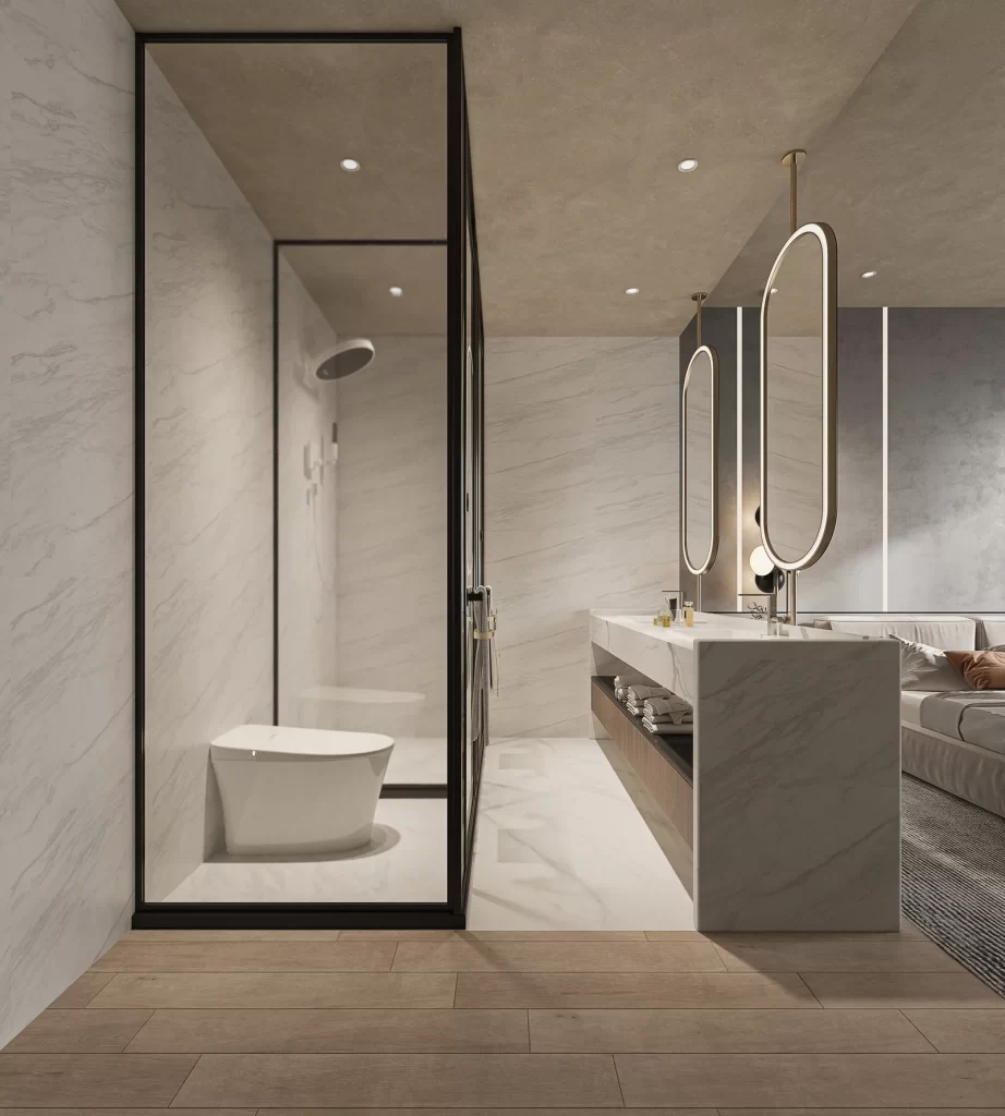 Modern Minimalist Bathroom Neutral Marble Glass