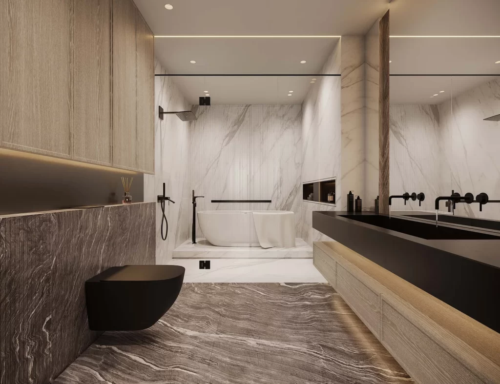 Modern Minimalist Bathroom Neutral Marble Wood