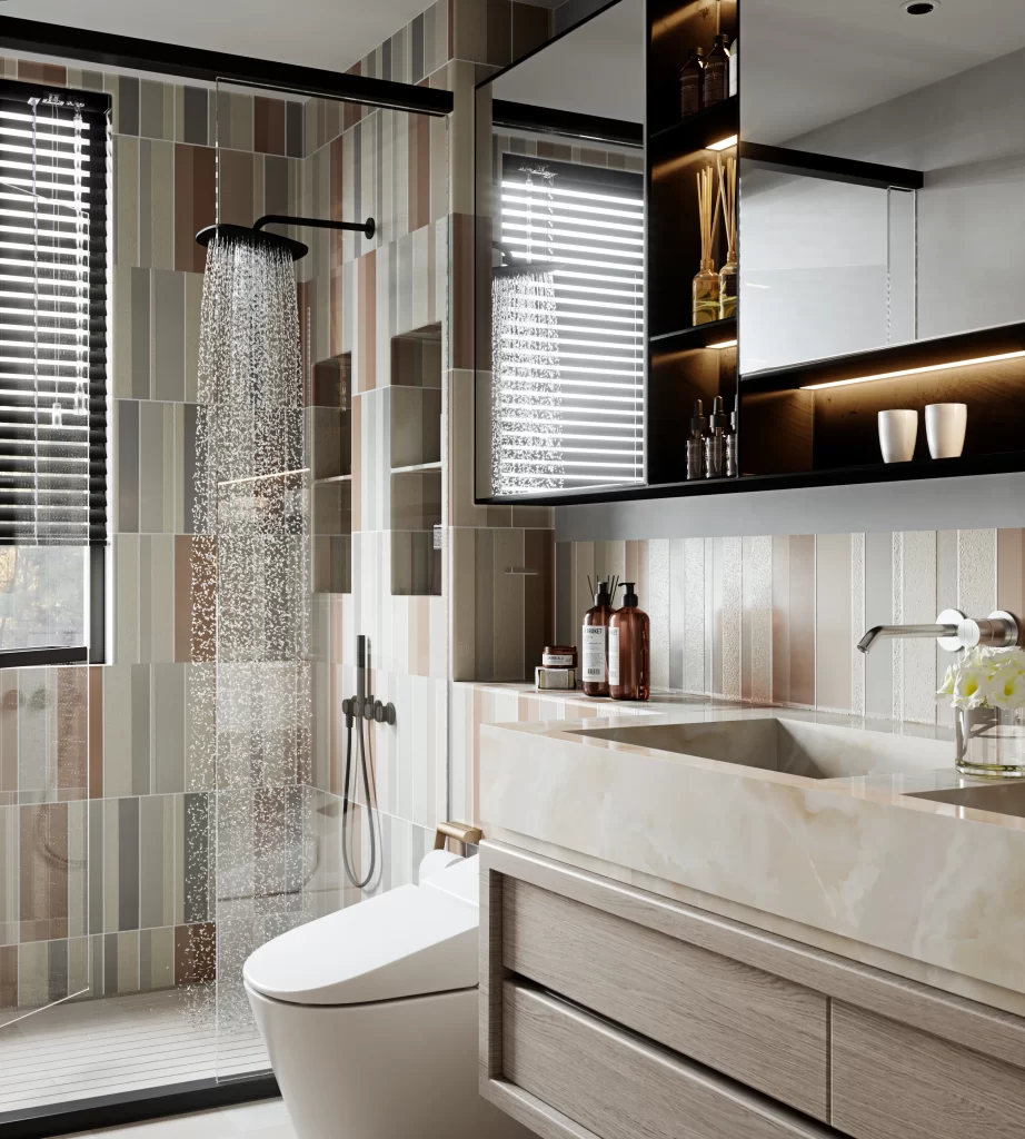 Modern Minimalist Bathroom Neutral Tiled