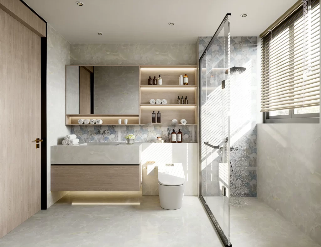 Modern Minimalist Bathroom Neutral Wood Glass